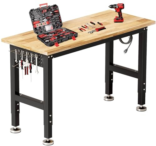 TLGREEN 48 Adjustable Work Bench with Power Outlet, Rubber Wood Top Work Table, Heavy Duty Work Bench, 2000 LBS Capacity, Workbench with Pegboard, Hooks, Garage Workbench for Workshop,Home,Office