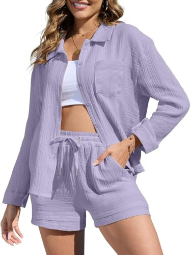 Joligiao Conjuntos Mujer de Verano Conjuntos 2 Piezas Camisa de Lino Manga Larga y Pantalones Cortos Chándal Casual Conjuntos de Lino de Algodón Traje Informal de Verano Conjunto de Ropa de Playa