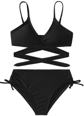 Arshiner Mädchen Badeanzüge Bikini Set Zweiteiliger Badeanzug Kinder Criss Cross Bustier & Bikinislip Triangle Bikini Schwimmanzug für Mädchen Schwarz 160 13-14 Jahre