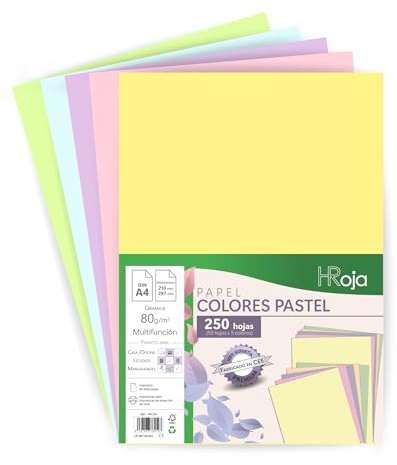 HRoja | Folios Colores Pastel A4 de 80 gr en Paquete de 250 Hojas Surtidas Fabricadas en Europa - Apto para Impresoras y Fotocopiadoras para Oficina, Uso Escolar y Manualidades