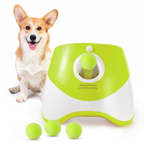 Utensy Lanciatore automatico interattivo per cani con 3 palline da tennis, 3 distanze di lancio, mini lanciatore per cani di piccola e media taglia, giocattolo interattivo per cani
