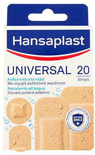 Hansaplast Cerotti UNIVERSAL, Cerotti impermeabili con elevato potere adesivo, Cerotti traspiranti per tutti i tipi di ferite, 1 confezione da 20 pezzi in 4 formati