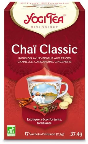 YOGI TEA – Chaï Classic Bio – Infusion Épicée Bio Naturellement Sans Caféine – Mélange de Cannelle, Cardamome & Gingembre – 17 Sachets