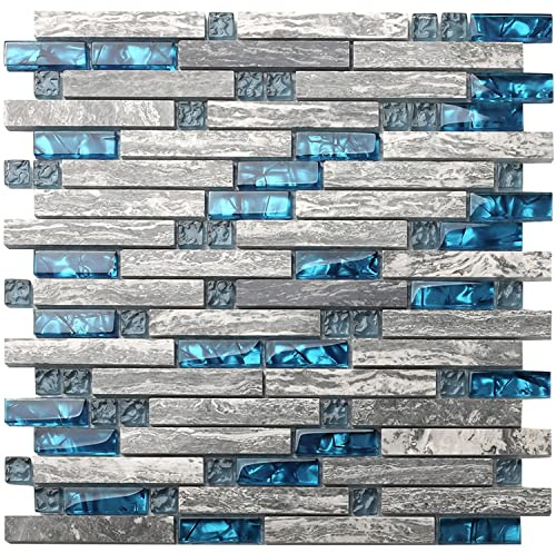 Blujellyfish Gray Marble Tile for Kitchen Backsplash 12 in. x 12 in. x 8 mm Teal Blue Glass Mosaic Bathroom Shower Wall Linear Tiles (Pack of 5 Sheets)