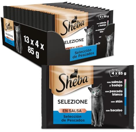 Sheba Selezione Comida Húmeda para Gatos Selección Pescados en Salsa, Multipack (Pack de 13 x 4 bolsitas x 85g)