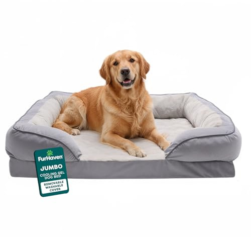 FurHaven Cooling Gel Dog Bed for Large Dogs, Perfect Comfort Sofa Bed with Cool Gel-Top Foam with a Solid Orthopedic Foam Base for Joint Support, Washable Cover, Jumbo XL, Plush & Velvet, Granite Gray