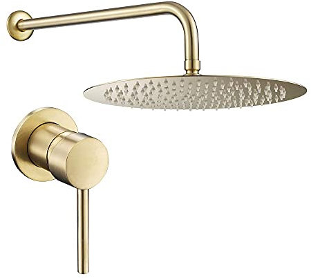 VALAZ Douche Encastrable | Mitigeur Douche 1 Voie, Brumisateur Effet Pluie | Installation Murale Facile et Rapide | Inoxydable, Ronde, Pulvérisateur 20 cm, Doré Brossé Protection PVD, Série Guadiana