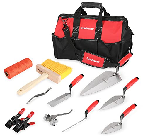 Goldblatt 12PC Masonry Hand Tool Set Organized in Tool Bag - Philadelphia/Pointing/Margin/Tuck Pointing Trowel, Skate Wheel Joint Raker, Convex Brick Jointer, String Line & Jag-clamp, Masonry Brush