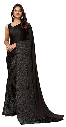 SIRIL Women's Dyed, Lace Georgette Saree With Unstitched Blouse (Free Black)