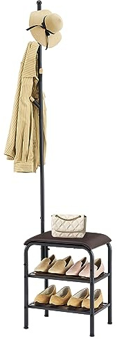 Gewudraw Coat Rack Stand Shoe Bench - 3 in 1 Coat Hall Tree with Shoe Storage With Benches Small Metal Shoes Shelf for Entryway Living Room Bedroom Hallway Mudroom