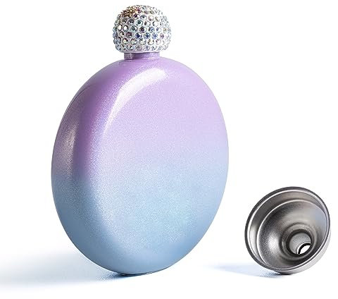 SPDYCESS Luxuriös Edelstahl Flachmann Klein 5oz Rund Glitzer Frauen Flachmänner mit Trichter von Alkohol für Hochzeit Reisen Party