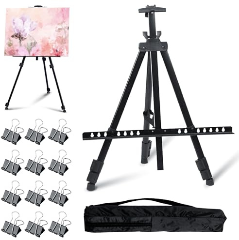 Cavalletto Pittura Alluminio Leggero 55-145cm con 12 Binder Clip e Borsa di Stoccaggio, Regolabile Treppiede per Dipingere Ripieghevole, Treppiedi Pittura