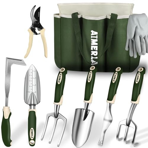 Aimerla Gardening Tools Set of 9 Heavy Duty Garden Tools with Non-Slip Rubber Grip with Large Garden Bag for Tools Durable Hand Tools for Gardening, Weeding,Gardening Gifts for Women,Men (Dark Green)