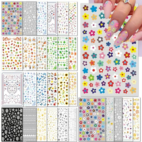 IDDFEVE 30 Sheets All Holiday Nail Art Stickers, Variety Pack Seasonal Nail Decals, Self-Adhesive Colorful Design for Daisy Flowers Butterflies Star Halloween Christmas