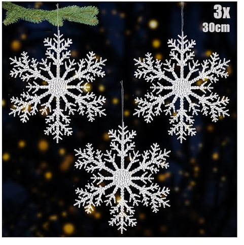 COM-FOUR® 3x Grandi pendenti decorativi fiocchi di neve - Pendenti trasparenti da 30 cm a forma di fiocco di neve con cordino - Ganci per albero di Natale e ganci natalizi