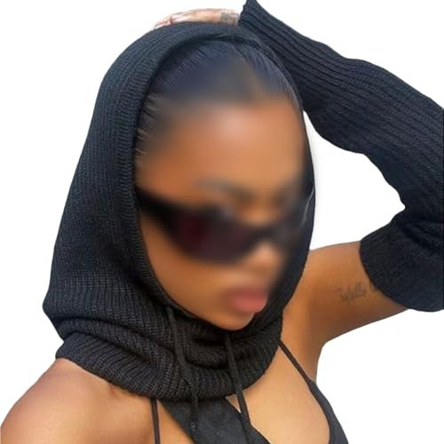 Damen Kapuzenschal, elegant, einfarbig, gestrickt, Kordelzug, Sturmhaube, Winter, warme Mütze, Beanie, Mütze, ästhetische Kleidung, A-schwarz, Einheitsgröße