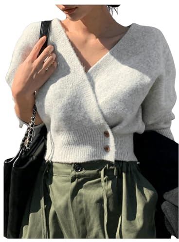 WDIRARA Women's Wrap V Neck Sweater Button Front Long Sleeve Crop Knitted Top Grey Small
