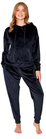 TURTLE Women’s Black Hooded Fleece Pyjamas Set – Fluffy Velour Loungewear Tracksuit, Soft Warm Hoodie & Joggers, Cosy Winter Nightwear (XL = UK 20-22)