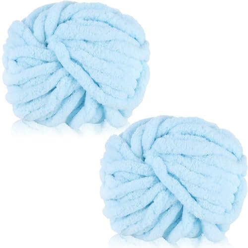 Duscdesp 2 Pack 240g Super Chunky Yarn for Hand Knitting,Thick Wool Yarn,Chenille Chunky Blanket Yarn for Hats Scarf Blankets Cushion Cat Bed(Light Blue)