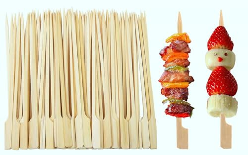 200 pinchos de bambú de 18 cm, palitos planos de hamburguesas de madera, palillos de frutas, palitos de cóctel, brochetas Satay, brochetas para barbacoas, fiestas (18 cm, paquete de 200 unidades)