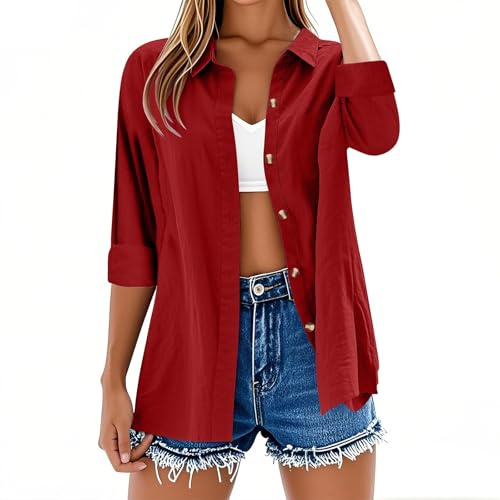Camisetas de manga larga para mujer, estilo casual, botones, algodón y lino, color liso, camisetas de verano, cuello en V, con mangas enrolladas, blusas sueltas y de gran tamaño, ligeras, elegantes