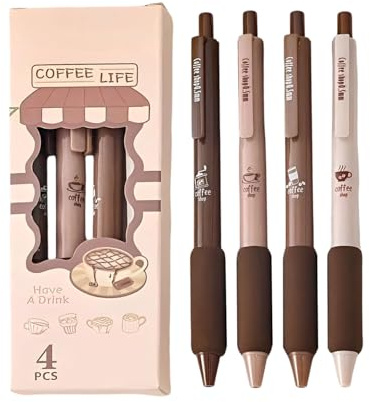 Lot de 4 stylos à encre gel couleur café, adorable design rétractable, pointe fine de 0,5 mm, encre noire, expérience d'écriture confortable, convient aux fournitures scolaires et de bureau