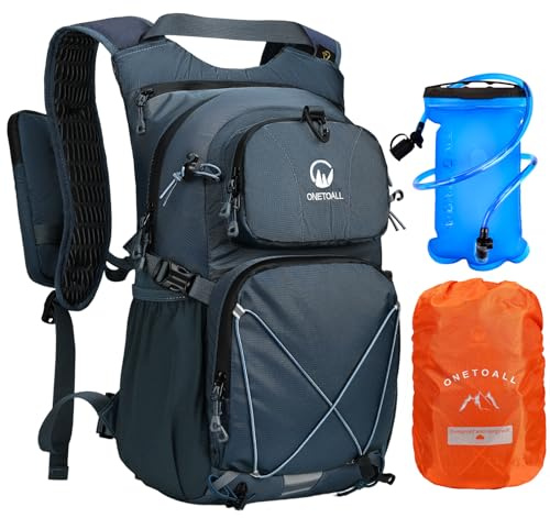 ONETOALL Hydration Backpack with 2L Water Bladder, 22L Waterproof Hiking Backpack with Rain Cover, Insulated Compartment for Running, Cycling, Walking, Camping & Skiing