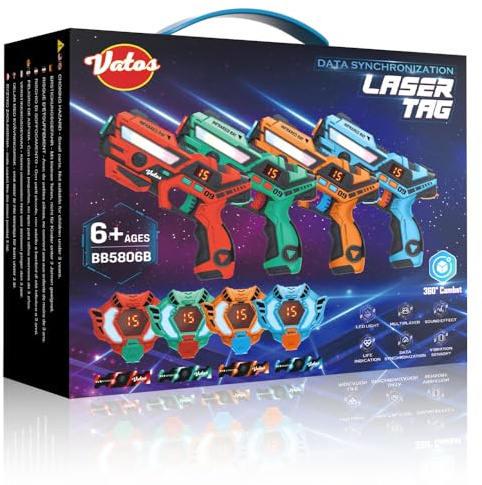 VATOS Laser Tag 360°Sensori Set di 4 Giocatori, 2,4 GHz Ricaricabile a infrarossi con Display Dati in Tempo Reale Pistola Laser Tag, Pistole Giocattolo per Giochi di attività per Bambini dai 6+