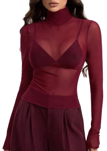 Generico Maglietta Trasparente Donna Manica Lunga Maglia in Rete Camicia Maglie Elegante Camicie Mesh Top Sexy Tunica Bluse Clubwear Casual T-Shirt in Tulle