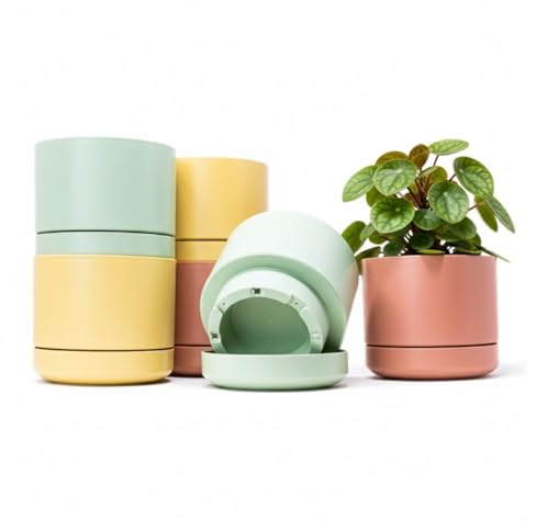 QILZO Vasi Decorativi Interno Moderni 14 cm, Set di 6 Vaso Fiori Plastica da Esterno Interno con Fori di Drenaggio e Sottovaso, Plastica Resistente (6 x Pastello 14cm)