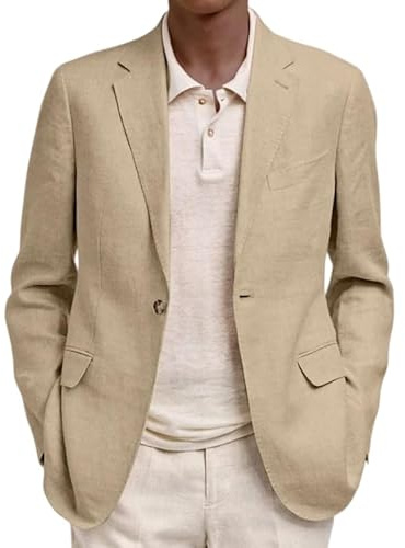 HUIANGLIYG Blazer de Hombre con Aspecto de Lino Chaqueta Ligera y Transpirable de Verano Abrigo Deportivo de Un Botón con Bolsillos para Bodas, Negocios Vacaciones en La Playa