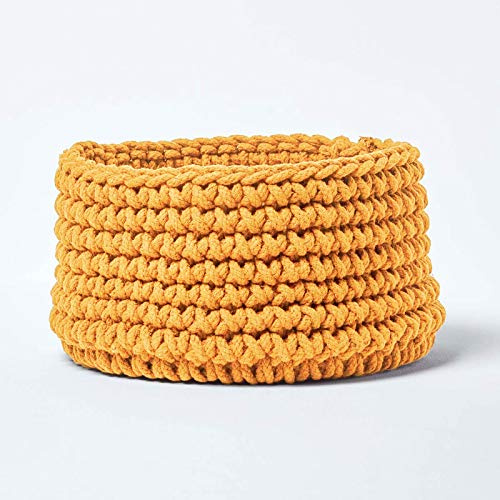 HOMESCAPES Cesto portaoggetti rotondo in maglia senape 37 x 21 cm, 100% cotone tessuto cesto giocattoli cestino abbinato a pouf lavorato a maglia