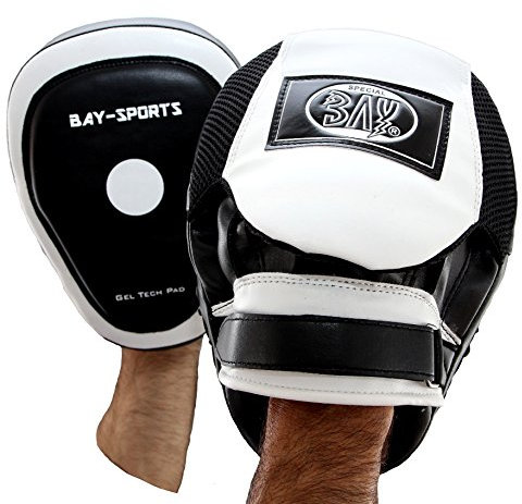 BAY® GEL LEDER Pratzen aufgesetztes GEL PAD - Trainerpratzen Schlagpratzen Schlagmitts Mitt Mitts Coachingpratzen Kickboxen Karate Taekwondo Muay Thai Thaiboxen Tae Kwon Do Handschlagpolster 2er Set Boxpratzen Boxen Pads Boxpads Handpratzen BAY® GEL TECH PAD ECHTES LEDER ERGO Pratzen, SCHWARZ / WEISS Handpratzen, vorgekrümmt, 2 Stück, Pratzen, krumm, 2 Stück, Schlagpolster Herren Lady Frauen Damen Mädchen Kinder Schlagkissen