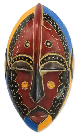 NOVICA Artisan Handcarved African Wood Mask Wooden Igbo Brown Black Yellow Blue Ghana Masks [9.75in H x 5.25in W x 2.4in D] ' Uzoma'