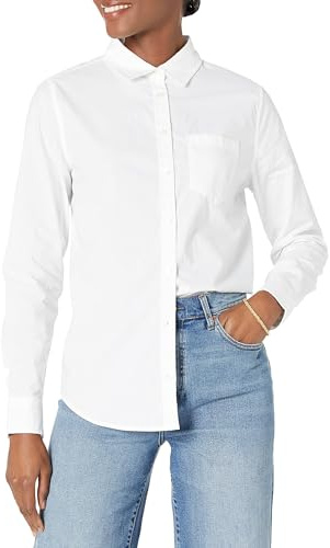 Amazon Essentials Camicia in Popeline a Maniche Lunghe con Bottoni sul Colletto, Vestibilità Classica Donna, Bianco, M