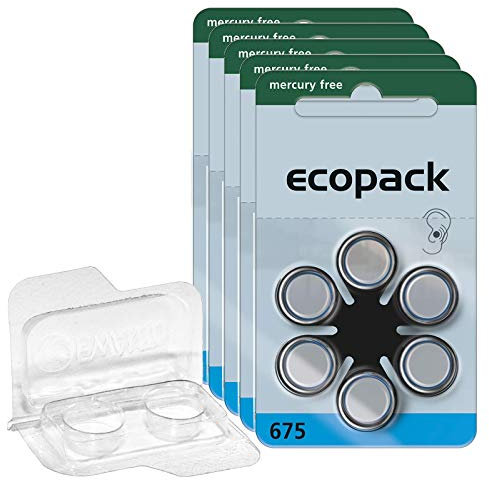 30 pilas para audífonos ecopack 675 (azul), 5x6 blister PR44 1,4V + caja de almacenamiento para 2 pilas para audífonos (de todos los tamaños), caja de batería transparente para dos botones de hasta 12
