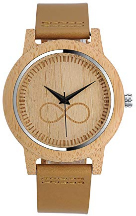 Unendlich U Montre en Bois Original Homme, avec Sangle en Cuir Pleine, Le Bois de Bambou Design, Montre à Quartz Symbole Infini, Marron