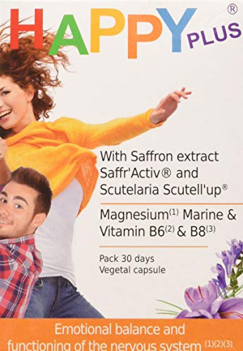 Vaminter, Happy Plus, Ayuda a Estabilizar el Humor y el Equilibrio Emocional, con Extracto de Azafrán y Scutelaria con Magnesio y Vitaminas B6 y B8, 60 Cápsulas