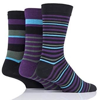SockShop Men's Comfort Cuff Socks - Striped and Plain Soft Breathable & Cooling Bamboo Material Multipack of 3 Pairs Black 7-11