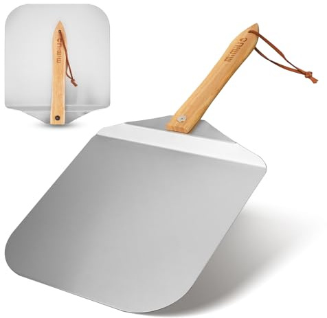 Cáscara de pizza de metal de aluminio de 12 x 14 pulgadas con mango de madera plegable para un fácil almacenamiento, espátula de pizza para hornear, pizza casera, pastel y pan