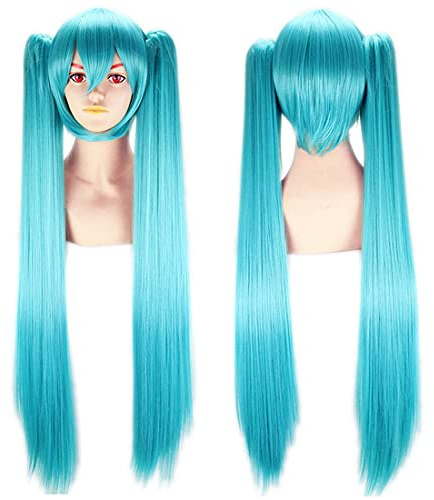 Perruque longue droite bleue avec 2 queues de cheval Anime Party Vocaloid Hatsune Miku Cosplay Wig Clip sur 100cm/39in Fibres synthétiques