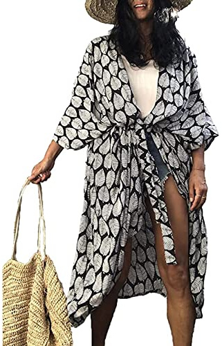 HYUET Robe de Plage Femme Été Kimono Bikini Cover Up Tunique Cardigan Imprimé Caftan Grande Taille Kaftan Bohème Maxi Longue Fluide Maillot de Bain Boho Sarong Beachwear Longue Gilet