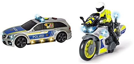 Dickie Toys - Mercedes-AMG E 43 – 30 cm großes Polizeiauto, motorisiert, ab 3 Jahre & Polizei Motorrad – Spielzeug Motorrad mit Polizisten-Figur, für Kinder ab 3 Jahren, 17 cm lang