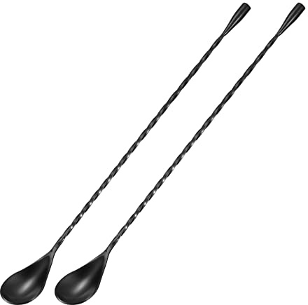 sourcing map Bar Cocktail Mixing Spoon, 2Pcs 12-Inch Stainless Steel Long Handle Spiral Handle Drink Mixing Spoons for Glass or Shaker, Black