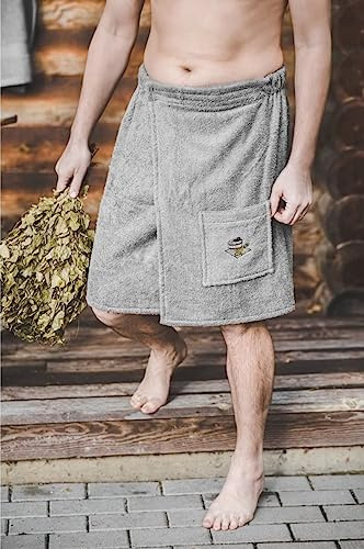 Ger3as Bastu kilt för män, bastuhandduk med elastiskt band och S-XXL med kardborrfäste, 100 % bomullsfrottéhandduk, bastu sarong handdukar, snabbtorkande (grå)