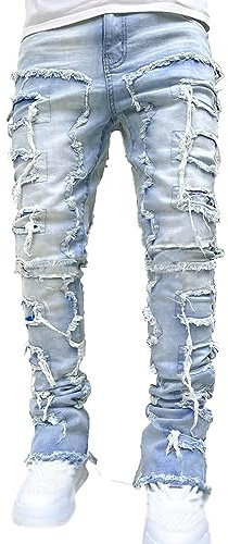 Straight Flare Jeans a tubo, jeans da uomo, jeans a coste, patchwork, lavati, vintage, largo, punk, denim, hip hop, jeans alla moda, skateboard, A azzurro., M