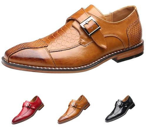 Pointed Toe Dress Oxfords Shoes for Men with Monk Strap, Vintage Casual Slip-on Hand Stitched Stacked Heel Wide Derby Shoe for Office Work Business Fashion Yellow Brown