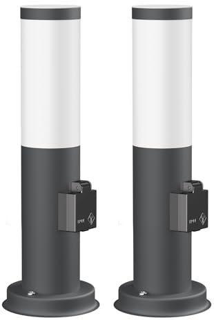 ledscom.de 2 Stück Pollerleuchte PORU mit Steckdose für außen, anthrazit, 39 cm, inkl. E27 Lampe, Energieeffizienzklasse A (weiß, 4W, 946lm)