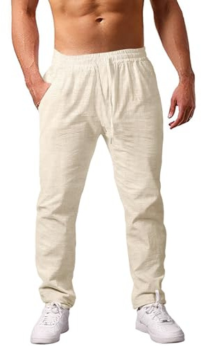 heekpek Pantaloni Uomo Casual Cotone Pantaloni Estivi Uomo Comodi Pantaloni con Tasconi Uomo per Spiaggia, Lino, L
