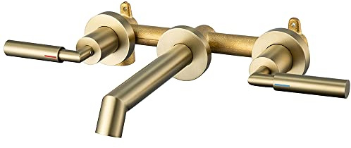RANDOM Wall Mount Bathroom Sink Faucet Brushed Gold Modern Brass Bathroom Vanity Faucet 2 Handles Basin Mixer Tap,Rough in Valve Included